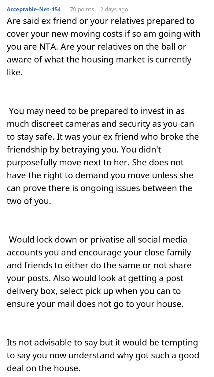 Screenshot of a forum comment discussing a man accidentally moving next door to a former friend and her reaction.