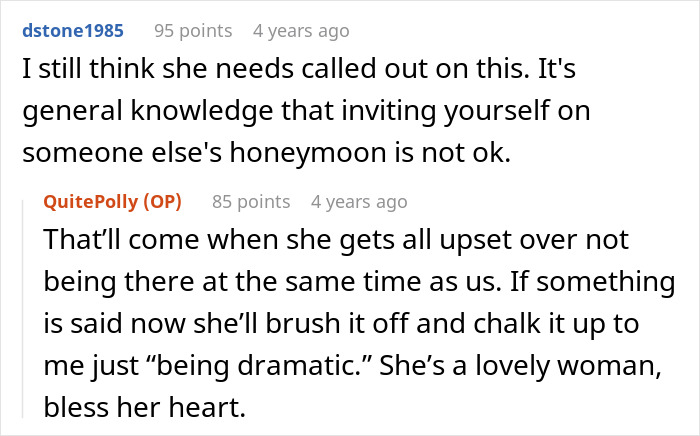 Comments discussing the surprise of husband&rsquo;s parents coming on their honeymoon and the social etiquette involved.