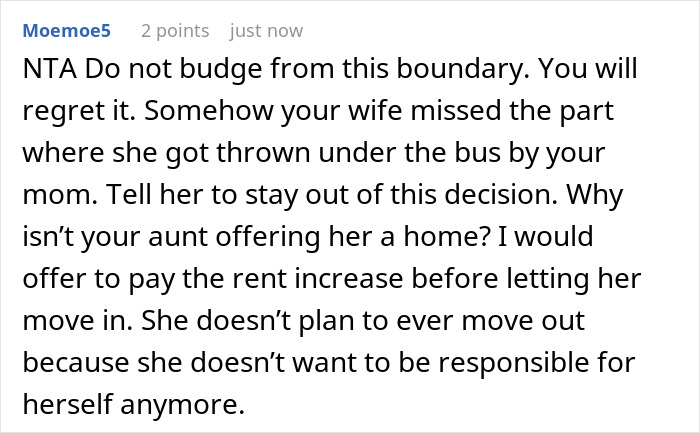 Reddit comment discussing adult son setting boundaries as religious mom tries moving in with guilt trips and biblical sermons.