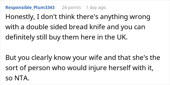 Comment discussing husband telling wife not to use a dangerous gift from her mom due to safety concerns.