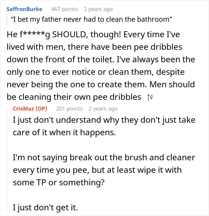 Screenshot of an online discussion about a wife deciding to live like her husband and his reaction to household chores.