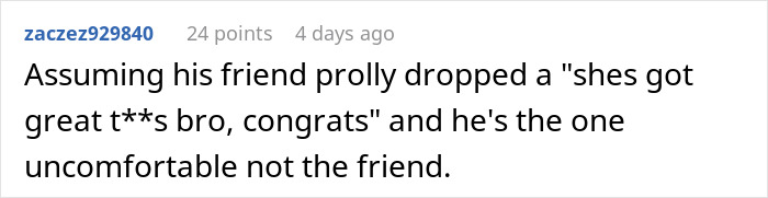 Text comment on a social platform discussing discomfort related to a woman who never wears a bra at home. Text comment on a social platform discussing discomfort related to a woman who never wears a bra at home.