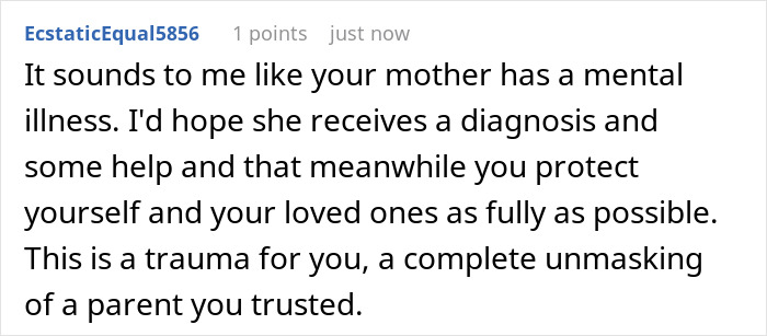 Comment discussing concerns about mental illness and trauma after a mother secretly goes through girlfriend’s wallet and takes ID photos.