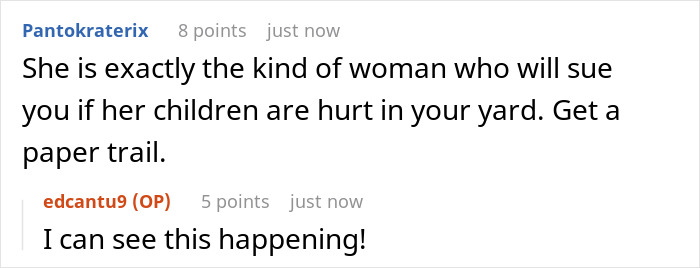 Screenshot of an online conversation about a neighbor called a child-hating hermit for not allowing kids to pass through her yard.