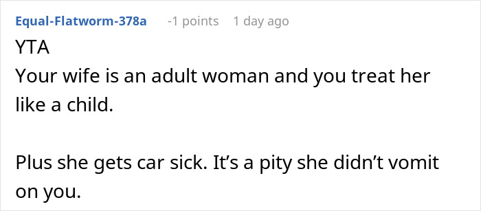 Screenshot of a forum comment discussing a husband banning his wife from the front seat after her anxiety meltdown.