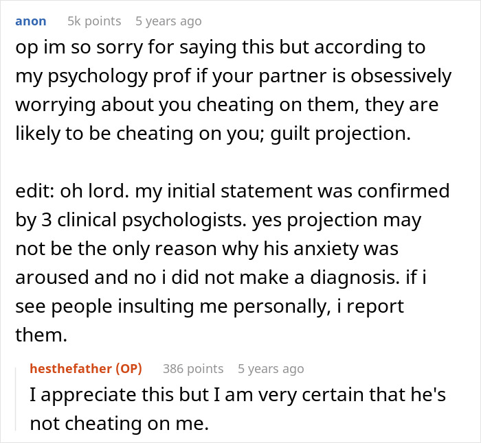 Text conversation about guilt projection and anxiety in a man demanding a paternity test for his 3-year-old son.