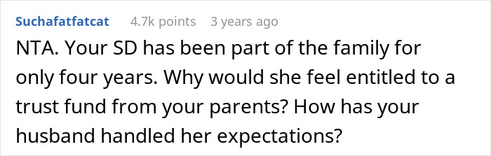 Forum comment discussing step-daughter trust fund expectations and family entitlement over four years.