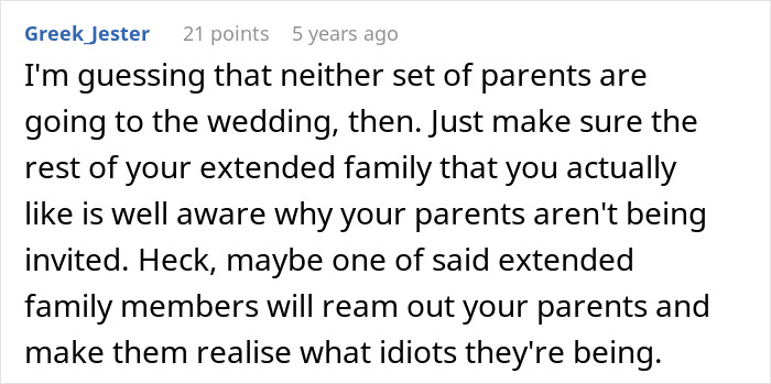 Comment discussing parents trying to guilt-trip couple into having kids and threatening disinheritance in a family conflict.