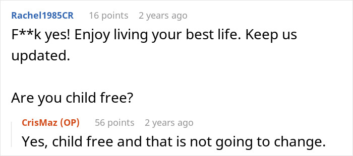 Screenshot of a Reddit conversation where a wife chooses to live life like her husband, sparking his frustration.