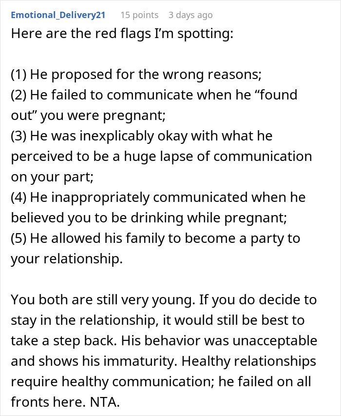 Text post discussing red flags in a relationship after man assumes fianc&eacute;e is pregnant, revealing true colors and causing shock.