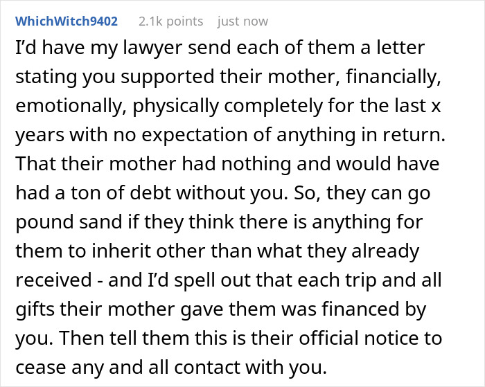 Comment advising a lawyer send letters about financial support to step kids mom to prevent loss of money and inheritance disputes.