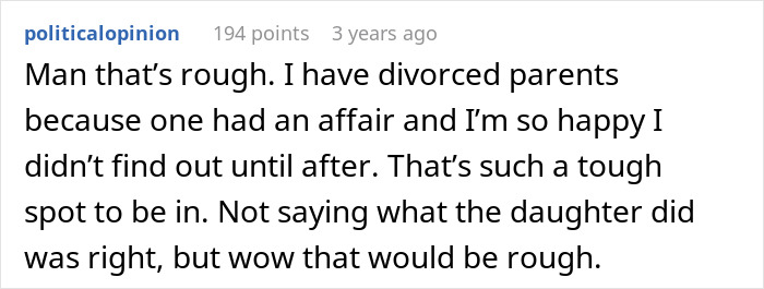 Reddit comment discussing the emotional impact of a dad feeling guilty for distancing himself from his daughter during a messy divorce.