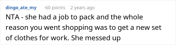 Screenshot of an online comment discussing a man trying to blame his wife for having no slacks for his business trip.