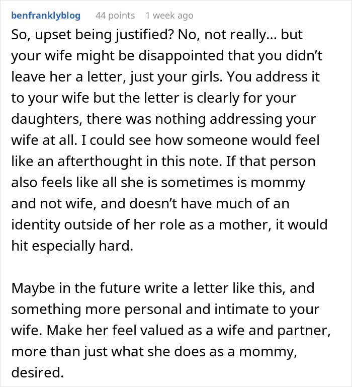 Comment explaining why husband's note to wife upset her, highlighting lack of personal address and emotional impact.