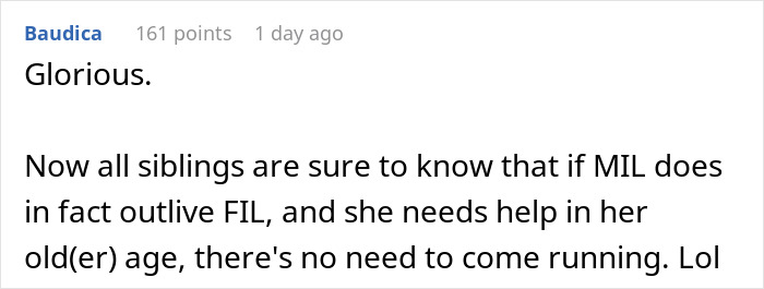 Reddit comment screenshot about Greedy Mom and inheritance plans, user says siblings won't rush to help older mother