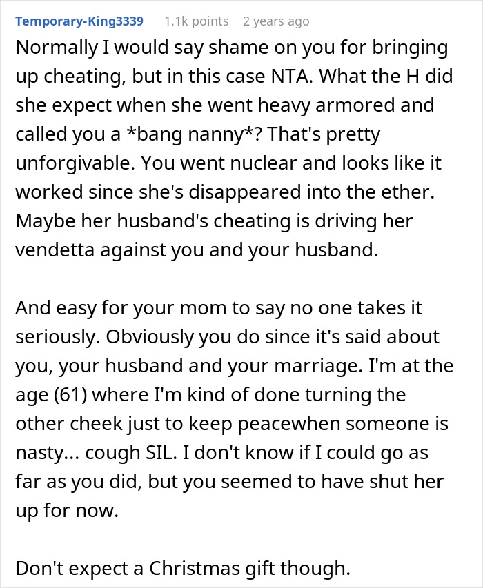 Screenshot of a Reddit comment discussing a lady insulting SIL&rsquo;s hubby and addressing partner&rsquo;s cheating allegations.