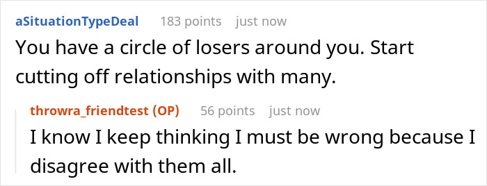 Text message conversation showing advice about cutting off relationships and doubting oneself in a toxic friendship context.