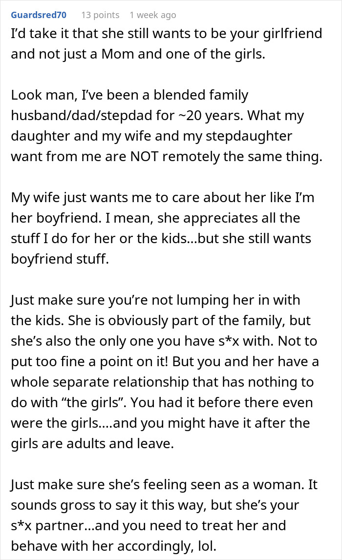 Reddit comment offering advice on a husband&rsquo;s note to wife, highlighting relationship dynamics and emotional needs.