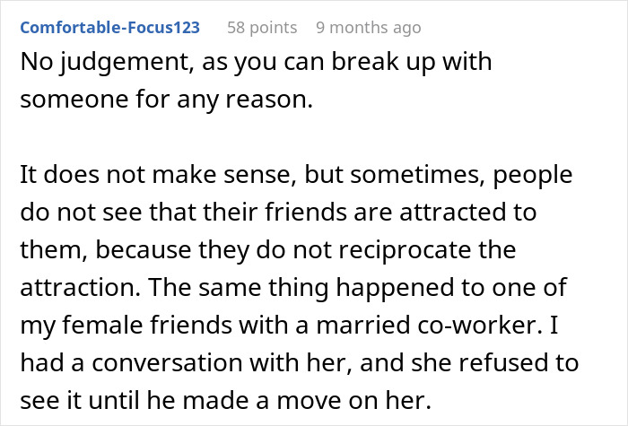 Comment discussing how friends may be unaware of attraction until a male bestie makes a move, prompting a girlfriend's reaction.