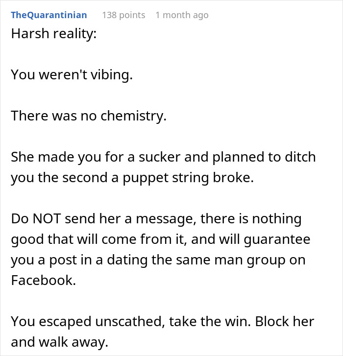 Text message warning about no chemistry and advice to block lady who sends lovey-dovey texts then ditches man over money.