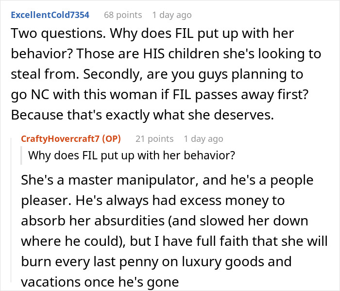 Reddit comment screenshot about Greedy Mom, inheritance plans and manipulative behavior between users.