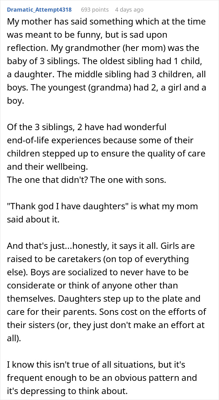 Text post discussing family dynamics where brothers are too broke to pitch in for mom&rsquo;s birthday gift, and sister takes mom out instead