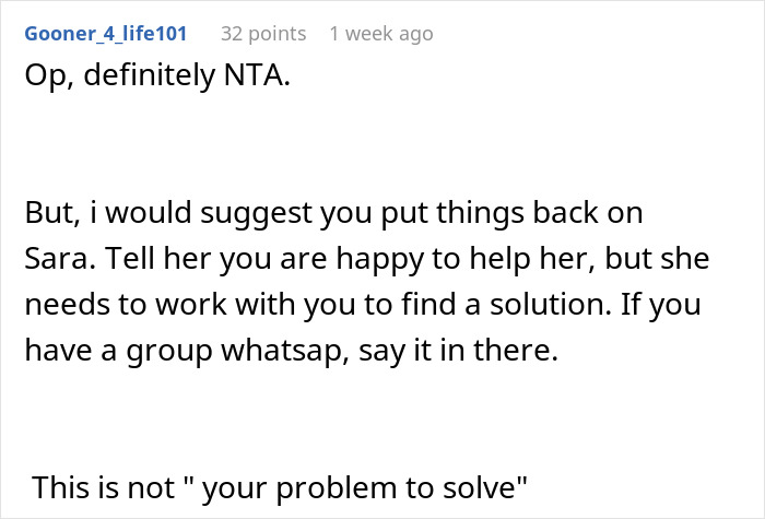 Screenshot of a Reddit comment discussing a guy refusing to pay for a hotel to help his roommate lie to her family.