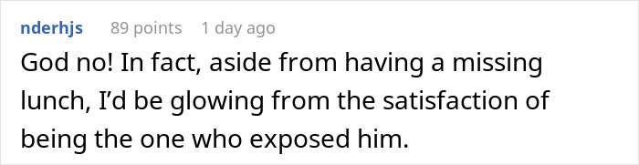 Screenshot of a forum comment discussing a man stealing a colleague&rsquo;s extra-spicy lunch and regretting the fiery mouth consequences.