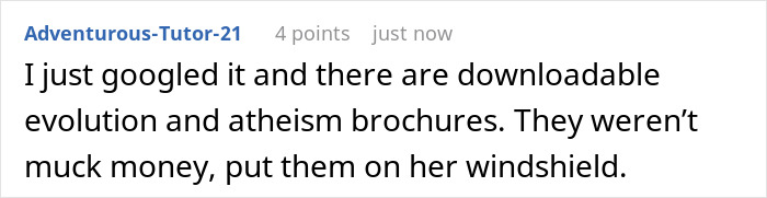 Comment discussing downloadable evolution and atheism brochures left on a car windshield, related to neighbor religious pamphlet police.