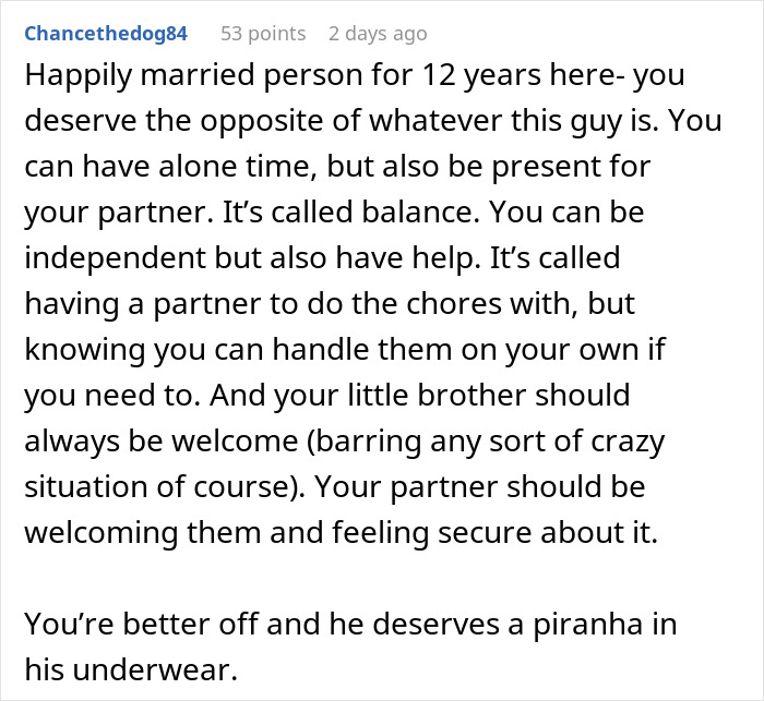 Red flags: screenshot of a Reddit comment offering marriage advice about balance, partners and welcoming a sibling