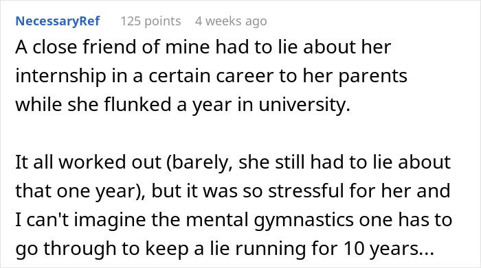 Woman deciding to lie about her career for 10 years, creating wild stories to maintain the deception and cope with stress.