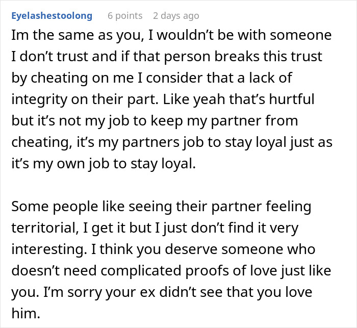 Comment explaining trust and loyalty in relationships, reflecting on not feeling jealous or territorial with a partner.