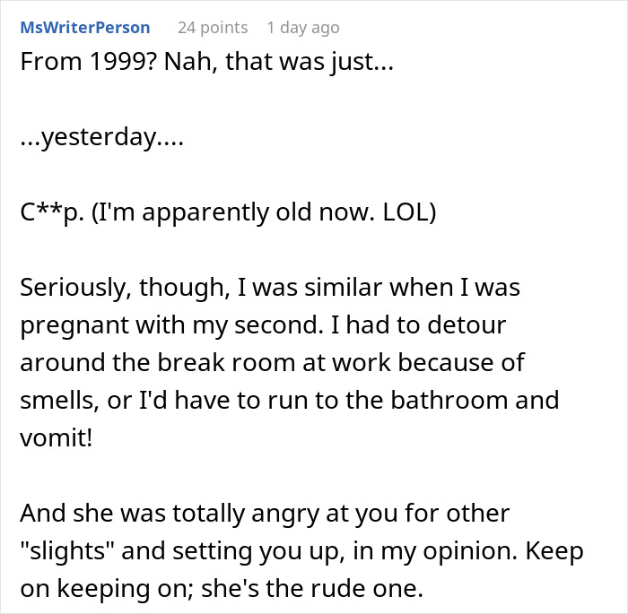 Comment discussing pregnancy nausea and expired food in her pantry from 1999, addressing conflict with mother-in-law meals.