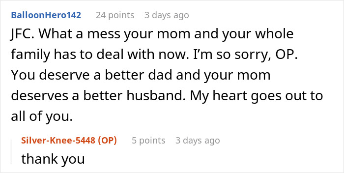 Comment expressing sympathy for a family dealing with a dad&rsquo;s mistress texting his adult daughter, exposing affair proof.