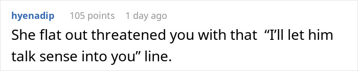 Reddit comment discussing a threat involving a phrase about letting someone talk sense into another person.
