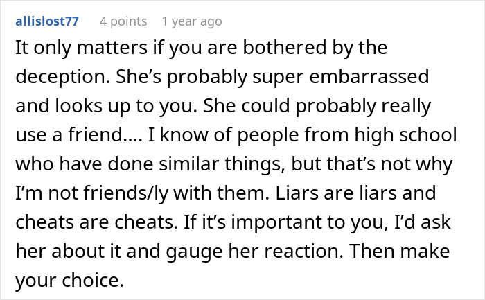 Comment discussing a woman who decides to lie about her career for 10 years and the impact of deception.