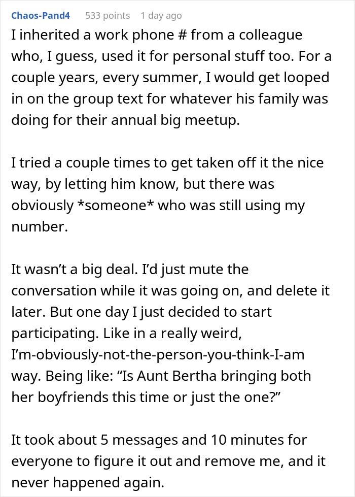 Text post about a guy added to a random family group chat who eventually joins in and gets emotionally invested.