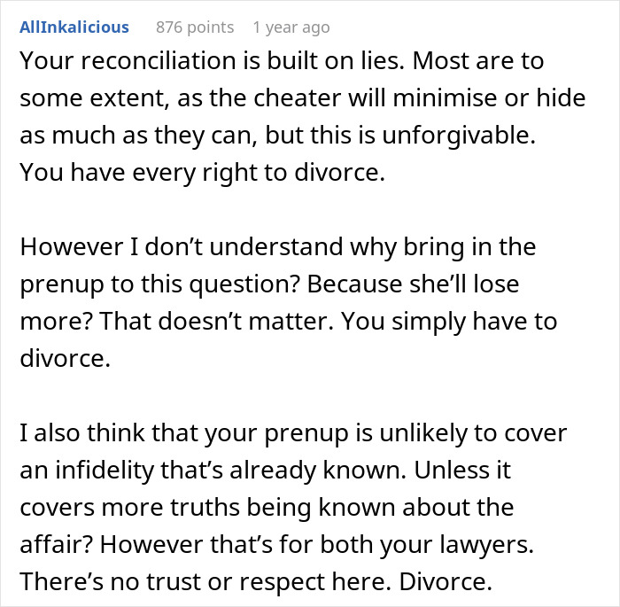 Comment discussing divorce advice after discovering wife&rsquo;s cheating and the impact of a prenuptial agreement.