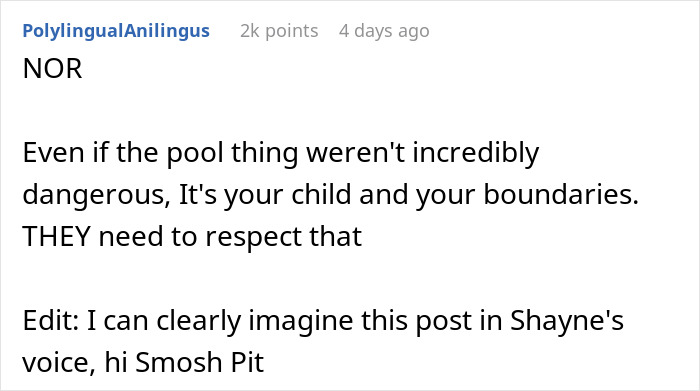 Screenshot of a Reddit comment discussing in-laws refusing to take grandchild safety seriously and being banned from babysitting. Screenshot of a Reddit comment discussing in-laws refusing to take grandchild safety seriously and being banned from babysitting.