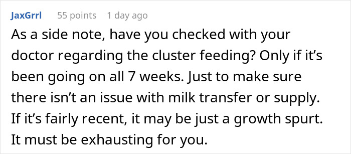 Comment discussing cluster feeding concerns from a new mom seeking advice on baby care and milk supply issues.
