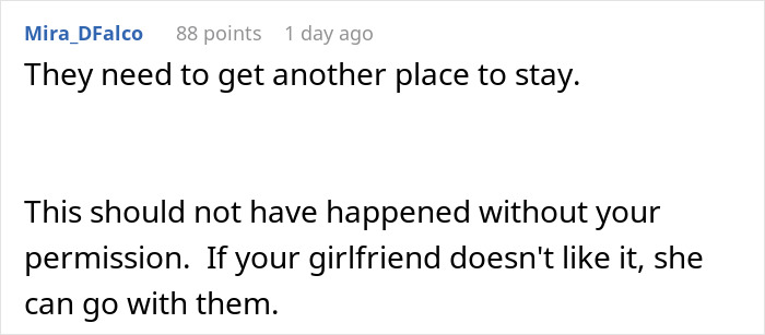 Reddit comment discussing issues with girlfriend&rsquo;s parents insisting on suite bedroom and boyfriend&rsquo;s car during their visit.