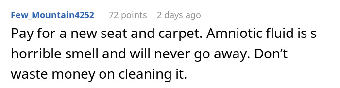 Comment about amniotic fluid smell from a user sharing advice on seat and carpet cleaning after birth in a car.
