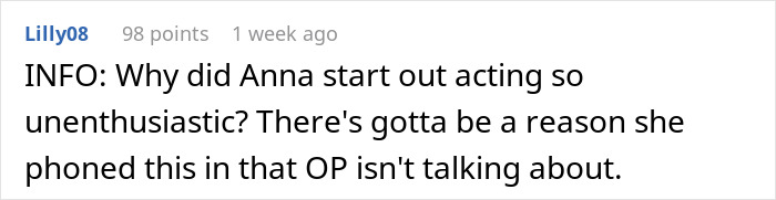 Screenshot of an online comment discussing the groom slamming the MOH for low effort before the wedding.