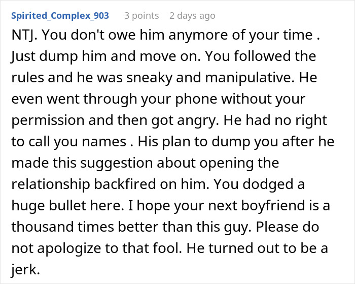 Comment text discussing a man&rsquo;s plan to open relationship to date younger coworker backfiring when she&rsquo;s not interested.