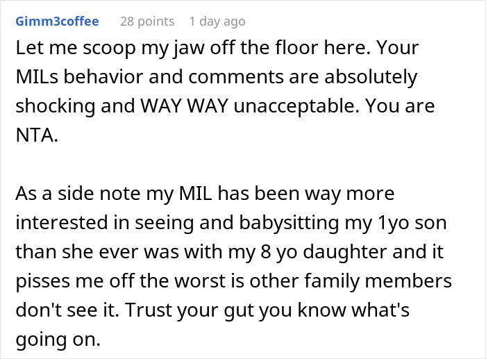 Reddit comment screenshot about a mom storming off with her baby after MIL tried to take over feeding