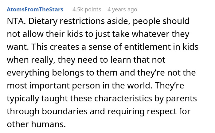 Screenshot of a Reddit comment explaining why refusing to give food to a little niece teaches boundaries and respect for others.