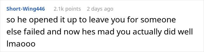 Screenshot of a social media comment about a man&rsquo;s plan to open relationship backfiring when coworker is uninterested.