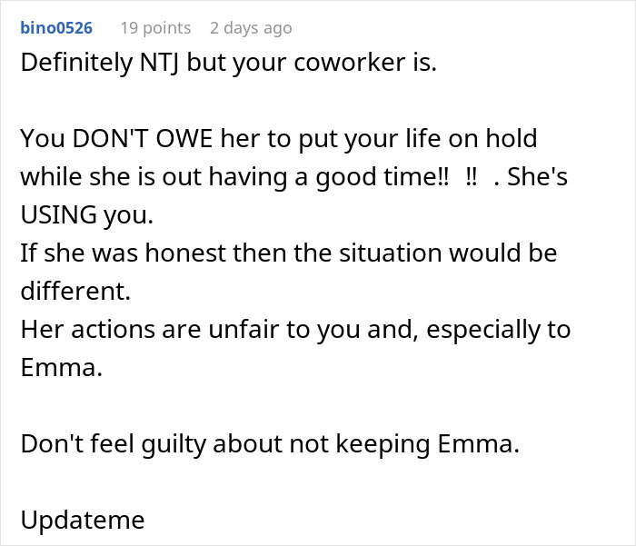 Comment text discussing a drunk lady showing up late after happy hour, and sitter cutting her off from childcare.