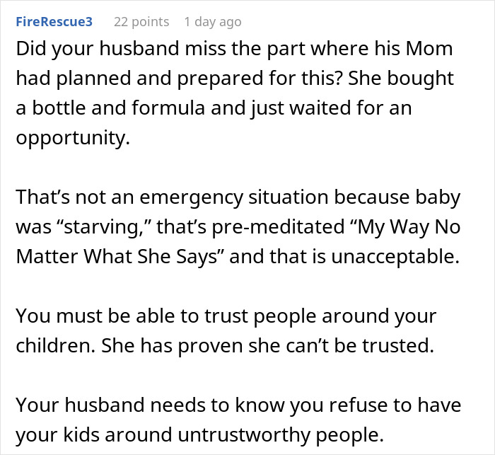 Reddit comment screenshot about mom takes her baby storming off after MIL tried to take over feeding