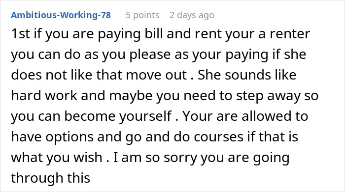 Screenshot of a Reddit comment discussing a woman who hasn&rsquo;t worked since 2006 demanding child drop out of college to pay bills.